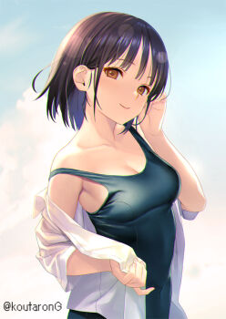 1girl black_one-piece_swimsuit breasts brown_eyes brown_hair cleavage closed_mouth collarbone collared_shirt commentary covered_navel dress_shirt hand_up koutaro long_sleeves looking_at_viewer off_shoulder one-piece_swimsuit open_clothes open_shirt original school_swimsuit shirt small_breasts smile solo swimsuit swimsuit_under_clothes twitter_username upper_body white_shirt