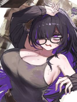 1girl absurdres bags_under_eyes black-framed_eyewear black_cardigan black_hair breasts cardigan cardigan_partially_removed colored_inner_hair commentary_request dress floating_skull glasses goddess_of_victory:_nikke highres label_(nikke) mojyo mole mole_on_breast multicolored_hair purple_streaks taut_clothes taut_dress toricky