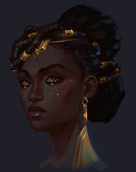 1girl arcane:_league_of_legends armor art_study brown_eyes brown_hair commentary dark-skinned_female dark_skin dreadlocks earrings english_commentary glitter glitter_makeup gold_armor hair_ornament hair_up head_only highres jewelry league_of_legends looking_to_the_side mel_(league_of_legends) multicolored_eyes shade solo thisisacomputah upper_body very_dark_skin