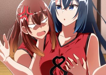 Rule 34 | 2girls, :o, anger vein, angry, bare shoulders, basketball uniform, blank eyes, blue eyes, blue hair, breast envy, breasts, brown hair, collarbone, crossed bangs, fang, female focus, grabbing another's breast, grabbing from behind, gradient hair, groping, hair between eyes, indoors, jersey, large breasts, long hair, looking at another, medium breasts, melonpan134, multicolored hair, multiple girls, open mouth, oumi shiori, ponytail, red hair, red shirt, red tank top, shirt, skin fang, sleeveless, sleeveless shirt, sportswear, tank top, upper body, v-shaped eyebrows, watashi wo tabetai hitodenashi, yashiro miko, yuri