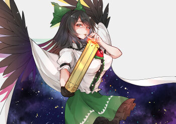 1girl absurdres arm_cannon black_hair bow cigarette feathered_wings green_bow green_skirt hair_bow highres holding holding_cigarette long_hair looking_at_viewer red_eyes reiuji_utsuho shirt skirt smoking solo touhou weapon white_background white_shirt wings yingtong