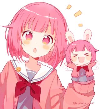 1girl :o blunt_bangs blush_stickers bob_cut cardigan cohana commentary_request flat_chest grey_shirt hair_flaps hand_puppet hand_up long_sleeves looking_at_viewer miyamasuzaka_girls&#039;_academy_school_uniform neckerchief notice_lines ootori_emu open_cardigan open_clothes open_mouth pink_cardigan pink_eyes pink_hair project_sekai puffy_long_sleeves puffy_sleeves puppet red_neckerchief sailor_collar school_uniform shirt short_hair simple_background solo straight-on tareme twitter_username upper_body white_background white_sailor_collar