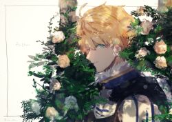 Rule 34 | 1boy, armor, arthur pendragon (fate), blonde hair, character name, ebi (6 5), fate/grand order, fate (series), flower, fur trim, green eyes, looking at viewer, male focus, plant, short hair, smile, solo, upper body, white background, white flower