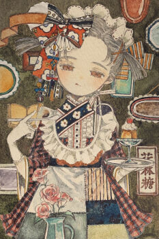 Rule 34 | 1girl, :q, apron, autumn, bow, brown eyes, closed mouth, collar, commentary request, cup, dessert, dress, drink, faux retro artstyle, flower, food, frills, grey hair, hair bow, hair ornament, hair ribbon, highres, holding, holding tray, indoors, karintoun, long sleeves, looking at viewer, maid, original, painting (medium), portrait, retro artstyle, ribbon, rose, short hair, straight-on, tongue, tongue out, traditional media, tray, vase, watercolor (medium)