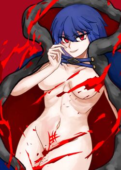 Rule 34 | 1girl, absurdres, blood, blood splatter, blue hair, breasts, cape, ciel (tsukihime), convenient censoring, corruption, crest, dark persona, evil grin, evil smile, floating cape, floating clothes, fur-trimmed cape, fur trim, ggifz6618, grin, hair between eyes, highres, looking at viewer, michael roa valdamjong, naked cape, navel, possessed, possession, red eyes, roa-ciel, smile, tsukihime, tsukihime (remake), wide hips