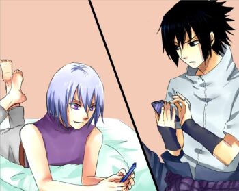 arm_warmers barefoot black_eyes black_hair furrowed_brow grey_pants grey_shirt hoozuki_suigetsu lying multiple_boys naruto_(series) naruto_shippuuden on_bed on_stomach one_foot_over_the_other pants phone purple_eyes purple_shirt rope_belt shirt short_hair sleeveless sleeveless_shirt smile spiked_hair split_screen talking_on_phone text_messaging tooth_sticking_out_of_mouth uchiha_sasuke white_hair みみ