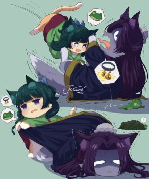 :d absurdres animal animal_ear_fluff animal_focus aoqun bell blue_eyes blunt_bangs blush cat chinese_clothes clothed_animal commentary fang frog hair_ribbon hanfu highres j_humbo jinshi_(kusuriya_no_hitorigoto) kusuriya_no_hitorigoto maomao_(kusuriya_no_hitorigoto) no_humans open_mouth ribbon smile spoken_animal symbol-only_commentary tongue tongue_out translation_request trembling