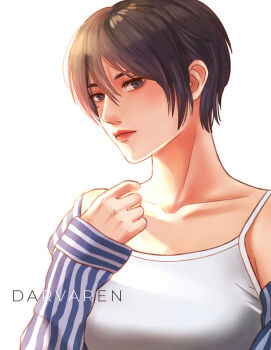 1girl artist_name black_hair breasts camisole cleavage closed_mouth collarbone darvaren facial_scar grey_eyes hair_between_eyes hand_on_own_chest highres looking_at_viewer medium_breasts mikasa_ackerman red_lips scar scar_on_cheek scar_on_face shingeki_no_kyojin shirt shirt_partially_removed short_hair single_bare_shoulder solo striped_clothes striped_shirt upper_body white_camisole