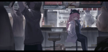 1girl 5boys beanie beer_bottle booth_seating bottle chair earflap_beanie english_text glass_bottle hat highres holding holding_bottle ketchup_bottle kirok_orange long_hair looking_at_viewer multiple_boys on_chair original pink_eyes restaurant scenery sign sitting solo_focus tile_wall tiles
