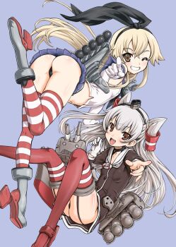 10s 2girls :d ;) absurdres amatsukaze_(kancolle) ass black_panties blonde_hair blue_background blush brown_eyes elbow_gloves garter_straps gloves grin hair_tubes hairband highres kantai_collection leg_up long_hair machinery microskirt multiple_girls one_eye_closed open_mouth panties pointing pointing_at_viewer purple_background red_legwear rensouhou-kun shimakaze_(kancolle) silver_hair simple_background skirt smile striped_clothes striped_legwear striped_thighhighs thighhighs two_side_up uguisu_kagura underwear white_gloves