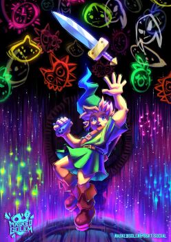 1boy arm_up artist_logo artist_name belt blonde_hair blue_eyes bluesky_username boots brown_boots clock clock_tower colorful colorful_background deku_(zelda) falling floating floating_object floating_sword floating_weapon goron green_hat green_tunic hand_up hat highres holding holding_ocarina instrument kokiri_sword light_particles light_trail link logo majora_(zelda) mask maskedgolem nintendo ocarina open_hand open_mouth pointy_ears scared sheath short_hair sword teeth the_legend_of_zelda the_legend_of_zelda:_majora's_mask tower tunic weapon young_link zora