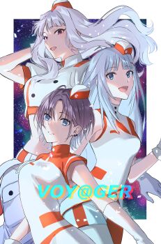 3girls ahoge arm_behind_head arm_up asakura_toru blue_eyes blue_hair blush breasts brown_hair crop_top cropped_shirt dress earrings elbow_gloves english_text garrison_cap gloves gradient_hair grey_hair grid_background hair_ornament hairclip hand_up hat highres idolmaster idolmaster_(classic) idolmaster_million_live! idolmaster_million_live!_theater_days idolmaster_shiny_colors jewelry large_breasts light_blue_hair long_hair looking_at_viewer medium_breasts midriff multicolored_hair multiple_girls open_mouth outside_border pants parted_bangs purple_eyes shijou_takane shiraishi_tsumugi shiraki_(shiraki_shiki) short_hair short_sleeves shorts sleeveless sleeveless_dress smile star_(symbol) star_symbol_background twitter_username two-tone_background two-tone_dress two-tone_headwear two-tone_pants two-tone_shirt two-tone_shorts very_long_hair voy@ger_(idolmaster) white_gloves white_shorts