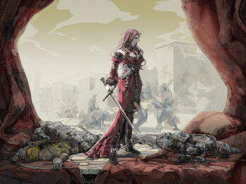 breasts brown_hair cleavage dorothea_arnault dorothea_arnault_(timeskip) dress earrings fire_emblem fire_emblem:_three_houses green_eyes highres holding holding_sword holding_weapon jewelry large_breasts long_hair nintendo red_dress sword takahama13 weapon