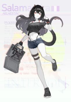 1girl absurdres arm_tattoo bare_legs bare_shoulders black_gloves black_hair black_horns black_shoes black_tail blush bra_strap bracelet breasts briefcase briefcase_gun character_name chestnut_mouth clothes_writing collarbone commentary crop_top denim denim_shorts english_commentary english_text full_body gloves gun h&amp;k_mp5k hand_up heckler_&amp;_koch highres holding holding_briefcase horns italian_flag jerry_wang jewelry lizard_tail logo long_hair magazine_(weapon) medium_breasts navel open_mouth original pale_skin red_eyes reptile_girl scales shoes shorts simple_background slit_pupils sneakers standing standing_on_one_leg submachine_gun tail tail_ornament tail_ring tattoo thigh_strap weapon