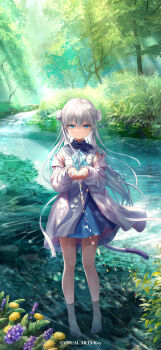 1girl absurdres anemoi bare_legs barefoot blue_dress blue_eyes blunt_bangs cat_tail closed_mouth copyright_notice dappled_sunlight day double_bun dress expressionless eyes_visible_through_hair floating_hair flower forest glint grass grey_hair hair_between_eyes hair_bun hands_up highres holding_water jacket key_visual leaf long_hair long_sleeves looking_down na-ga nature official_art official_wallpaper open_clothes open_jacket outdoors pink_jacket promotional_art purple_flower river scenery sleeveless sleeveless_dress soaking_feet solo standing straight-on sunlight tail toenails toes tree tsujikura_spica two-tone_dress very_long_hair water water_drop white_dress yellow_flower