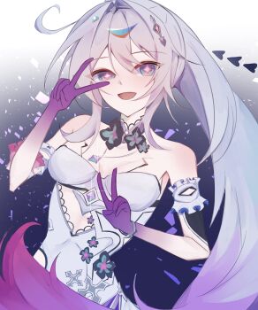 1girl bare_shoulders black_flower blue_eyes commentary_request double_v dress flower gradient_hair grey_hair highres honkai_(series) honkai_impact_3rd kiana_kaslana kiana_kaslana_(herrscher_of_finality) long_hair multicolored_hair neck_flower open_mouth ponytail purple_hair purple_hands smile solo strapless strapless_dress two-tone_hair uma128shika v very_long_hair white_dress