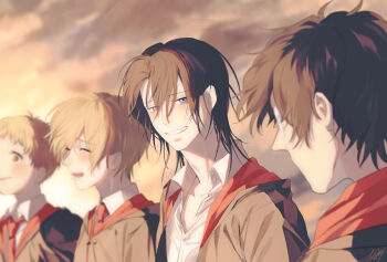 4boys black_hair closed_eyes collar eyelashes glasses gryffindor harry_potter_(series) hogwarts_school_uniform james_potter kurosujuu male_focus medium_hair multiple_boys necktie parted_lips peter_pettigrew red_necktie remus_lupin school_uniform shirt short_hair signature sirius_black teeth unbuttoned unbuttoned_shirt upper_body white_shirt wing_collar wizarding_world