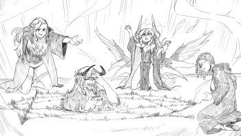 1boy 3girls absurdres akai_(less) beard book breasts closed_eyes commentary cup demon_boy demon_horns dress earrings english_commentary facial_hair hair_between_eyes halloween high_heels highres holding holding_book holding_cup horns jewelry kneeling large_breasts less long_hair magic_circle multiple_girls necklace open_book open_mouth original pointy_ears robe sketch small_breasts summoning teeth thigh_strap