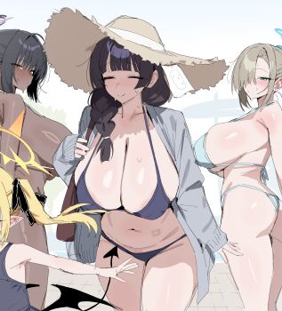 4girls absurdres ass asuna_(blue_archive) bare_shoulders bikini black_hair blonde_hair blue_archive blue_bikini blue_eyes blue_halo blunt_bangs blush braid breasts cleavage closed_eyes coat commentary_request dark-skinned_female dark_skin demon_girl demon_tail demon_wings female_sensei_(blue_archive) female_sensei_(blue_archive)_(xipa) grey_coat groin hair_over_one_eye halo hat highres huge_breasts ibuki_(blue_archive) karin_(blue_archive) looking_at_another multiple_girls navel plump pointy_ears ponytail purple_bikini purple_halo sensei_(blue_archive) side_braid smile straw_hat sun_hat sweat swimsuit tail thighs wings xipa yellow_eyes
