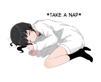 1girl aiu404l egg_(aiu404l) artist_self-insert black_hair black_shirt black_socks blush_stickers closed_eyes closed_mouth collarbone commentary egg_hair_ornament english_text food-themed_hair_ornament full_body grey_eyes hair_ornament highres hood hood_down hoodie jaggy_lines long_hair long_sleeves low_twintails lying no_shoes oekaki on_side original shirt short_twintails sidelocks simple_background sleeping smile socks solo split_mouth symbol-only_commentary twintails white_background white_hoodie