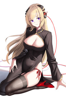 1girl absurdres black_thighhighs blonde_hair bowlp breasts china_dress chinese_clothes cleavage cleavage_cutout closed_mouth clothing_cutout commentary commission dress g3_(girls&#039;_frontline) girls&#039;_frontline gold_trim high_heels highres large_breasts long_hair looking_at_viewer panties panty_straps pixiv_commission purple_eyes red_panties red_shoes seiza shoes side-tie_panties side_slit simple_background sitting skindentation sleeveless sleeveless_dress smile solo thighhighs thighs underwear white_background