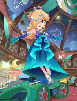 1girl absurdres bare_shoulders blonde_hair blue_eyes brooch car crown dress earrings elbow_gloves gem_hair_ornament gloves gradient_clothes gradient_dress gradient_gloves grey_shoes hair_over_one_eye highres jewelry library long_hair mario_(series) mario_kart motor_vehicle nintendo open_mouth outstretched_arms rosalina sasaki_sakiko shoes smile solo star_(symbol) star_brooch star_earrings