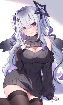 Rule 34 | 1girl, amane konata, bare shoulders, black halo, black sweater, black thighhighs, black wings, blush, breasts, cleavage, cleavage cutout, closed mouth, clothing cutout, feathered wings, grey hair, halo, highres, hololive, long hair, mikumineko, multicolored hair, purple eyes, purple hair, smile, solo, star halo, streaked hair, sweater, thighhighs, tongue, tongue out, two side up, virtual youtuber, wings