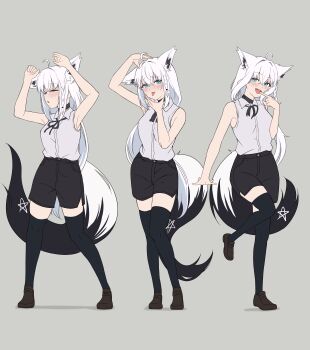 1girl :d absurdres ahoge animal_ears aqua_eyes black_shorts black_thighhighs brown_shoes chainsaw_man closed_eyes commentary_request cosplay dancing fox_ears fox_girl fox_tail full_body grey_background grey_shirt highres hololive iris_out_(song) long_hair looking_at_viewer low-tied_long_hair multiple_views neck_ribbon open_mouth pentagram reze_(chainsaw_man) reze_(chainsaw_man)_(cosplay) reze_dance ribbon shirakami_fubuki shirt shoes shorts simple_background sleeveless sleeveless_shirt smile standing tail thighhighs tks_rkgk tongue tongue_out virtual_youtuber white_hair
