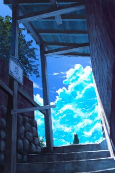 animal_focus bird black_cat blue_sky building cat cloud cloudy_sky commentary cumulonimbus_cloud day from_behind gensuke_(ryun) highres no_humans original outdoors scenery shadow sky stairs summer sunlight translated tree