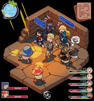 +_+ 2girls 3boys ^^^ ambrosia_(dungeon_meshi) artist_name axe az_(ang_z8s) beard black_background blonde_hair blue_capelet blue_robe bow bow_(weapon) brown_hair capelet chilchuck_tims commentary dungeon_meshi english_commentary english_text facial_hair fake_horns fake_screenshot fork heads-up_display health_bar helmet highres holding holding_bow_(weapon) holding_staff holding_weapon horned_helmet horns isometric izutsumi laios_touden licking licking_hand licking_self long_beard looking_at_another mage_staff marcille_donato minimap multiple_boys multiple_girls mustache navel pointy_ears robe sandals senshi_(dungeon_meshi) short_hair signature sitting speech_bubble spoon staff thought_bubble user_interface walking_mushroom_(dungeon_meshi) weapon