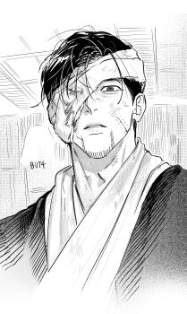 1boy absurdres bandaged_head bandages commentary dirty dirty_face facial_hair facial_scar goatee golden_kamuy greyscale highres injury male_focus monochrome ogata_buta ogata_hyakunosuke one_eye_covered scar scar_on_cheek scar_on_face short_sideburns sideburns solo upper_body