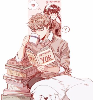 Rule 34 | 1boy, 1girl, black hair, blonde hair, blue eyes, blush, bond (spy x family), breasts, couple, earrings, hairband, hetero, highres, husband and wife, ideksams, jewelry, large breasts, long hair, long sleeves, red eyes, shirt, short hair, sidelocks, smile, spy x family, twilight (spy x family), yor briar