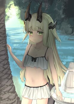 1girl absurdres aged_down arknights bikini blonde_hair blush breasts cleavage cowboy_shot drinking_fountain frilled_bikini frills green_eyes highres jungle loli long_hair looking_at_viewer nature olivier_yoyo outdoors reed_(arknights) river small_breasts smile solo swimsuit tree very_long_hair water