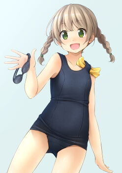 1girl :d bare_arms bare_shoulders black_one-piece_swimsuit blue_background braid breasts brown_hair collarbone commentary_request goggles unworn_goggles green_eyes highres holding holding_goggles looking_at_viewer object_in_clothes object_in_swimsuit old_school_swimsuit one-piece_swimsuit open_mouth original school_swimsuit shibacha small_breasts smile solo swim_cap swimsuit twin_braids twintails