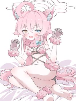 1girl :d ahoge anal_beads anal_tail animal_ear_fluff animal_ears ankle_cuffs ass bare_legs barefoot bed_sheet black_panties blue_archive blue_eyes blush breasts butt_plug cat_ears cat_gloves cat_tail claw_pose claws commentary_request cosplay fake_animal_ears fake_tail fang fate/grand_order fate_(series) feet hair_between_eyes half-closed_eyes halo hands_up heterochromia highres hoshino_(blue_archive) huge_ahoge kemonomimi_mode loli long_hair looking_at_viewer lying mash_kyrielight mash_kyrielight_(dangerous_beast) mash_kyrielight_(dangerous_beast)_(cosplay) navel norippe_(user_zgsf8872) o-ring o-ring_top on_bed on_side open_mouth orange_eyes panties pink_halo simple_background small_breasts smile soles solo tail toes underwear very_long_hair white_background