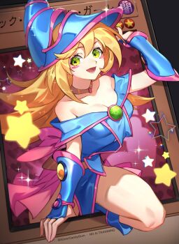1girl absurdres bare_shoulders blonde_hair blue_boots blue_dress blue_hat blush_stickers boots breasts cleavage commentary dark_magician_girl dress duel_monster english_commentary green_eyes hat highres large_breasts long_hair looking_at_viewer pentagram phrygian_helmet silvercandy_gum solo star_(symbol) very_long_hair yu-gi-oh!