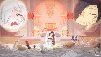 armpit_cutout ass beret black_gloves blonde_hair blood blood_on_face bodysuit breasts broken_mask broken_tooth buried cinderella_(nikke) cloak closed_eyes closed_mouth clothing_cutout comforting crying defeat fingerless_gloves gameplay_mechanics gloves goddess_of_victory:_nikke grave_(nikke) guillotine_(nikke) guillotine_(winter_slayer)_(nikke) gun hair_over_one_eye hand_on_another&#039;s_back hand_on_another&#039;s_head hat highres hood hood_up hooded_cloak hug jungpisces leg_cutout long_hair mask material_h_(nikke) metal_gloves missing_tooth motherly multiple_girls official_alternate_design one_eye_covered open_mouth partially_buried rapi_(nikke) rapi_(red_hood)_(nikke) rapture_(nikke) red_hood_(nikke) rifle sidelocks smile sniper_rifle sobbing streaming_tears sword tears tic-tac-toe twintails very_long_hair weapon white_bodysuit white_hair