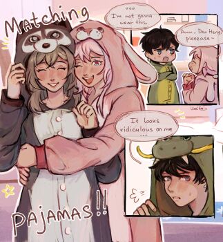 1boy 2girls absurdres black_hair blue_eyes brown_hair character_request closed_mouth english_text highres honkai:_star_rail honkai_(series) long_hair march_7th_(honkai:_star_rail) multiple_girls one_eye_closed onesie pajamas parted_lips short_hair speech_bubble stelle_(honkai:_star_rail) teeth trailblazer_(honkai:_star_rail) umilini2 upper_teeth_only