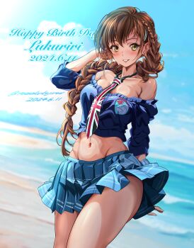 1girl absurdres adapted_costume bare_shoulders beach beard black_necktie blue_skirt blue_sweater braid breasts brown_eyes brown_hair checkered_clothes checkered_skirt collarbone dated emblem facial_hair girls_und_panzer groin hair_ornament hairpin happy_birthday highres large_breasts long_beard long_hair midriff_peek miniskirt navel necktie pantyhose pleated_skirt rukuriri_(girls_und_panzer) school_uniform shirt single_braid skirt smile st._gloriana&#039;s_(emblem) st._gloriana&#039;s_school_uniform strapless strapless_shirt sweater thighs tomokoji union_jack_print unworn_pantyhose wind wind_lift