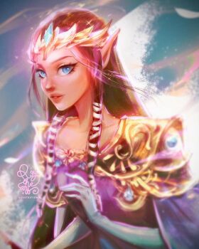 1girl braid brown_hair crown_braid dress earrings hair_ornament hashtag-only_commentary jewelry long_hair looking_at_viewer nintendo pointy_ears princess_zelda roytheart smile solo the_legend_of_zelda the_legend_of_zelda:_twilight_princess upper_body