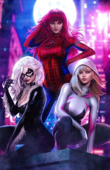 3girls animal_print ariel_diaz black_bodysuit black_cat_(marvel) blonde_hair blue_bodysuit blue_eyes bodysuit breasts cityscape cleavage commentary cosplay english_commentary felicia_hardy full_moon fur-trimmed_bodysuit fur_trim gwen_stacy hand_in_own_hair highres long_hair looking_at_viewer marvel mary_jane_watson medium_breasts moon moonlight multicolored_bodysuit multiple_girls official_art outdoors red_bodysuit red_hair signature spider-gwen spider-man spider-man_(cosplay) spider-man_(series) spider_print spider_web_print superhero_costume two-tone_bodysuit white_bodysuit white_hair