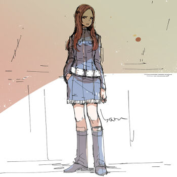 1girl belt blue_dress brown_eyes brown_hair commentary_request denim denim_boots denim_dress dress full_body hand_in_pocket haruhashi jewelry long_hair looking_at_viewer ring shaded_face shadow shin_megami_tensei shin_megami_tensei_iii:_nocturne signature simple_background solo standing tachibana_chiaki_(megami_tensei)