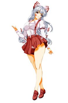 1girl blush bow collared_shirt commentary fujiwara_no_mokou hair_bow highres loafers long_hair long_sleeves looking_at_viewer miniskirt multi-tied_hair pleated_skirt red_eyes red_shoes red_skirt revision shirt shoes sidelocks simple_background skirt solo suspender_skirt suspenders tokonote touhou very_long_hair white_background white_hair white_shirt