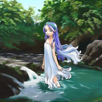 Rule 34 | 1girl, archived source, arms at sides, bad link, bare arms, bare shoulders, blue dress, blue hair, blue sky, blue wings, closed mouth, dress, foliage, green hairband, hairband, hirai yukio, long sidelocks, looking at viewer, medium dress, moss, nature, original, outdoors, parted bangs, partially submerged, pond, ripples, rock, sidelocks, sky, smile, solo, standing, strapless, strapless dress, stream, water, water dress, water drop, liquid wings, wavy ends, wavy sidelocks, wings