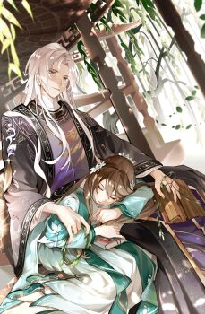 Rule 34 | 1boy, 1girl, absurdres, aqua dress, aqua hanfu, bamboo slips, black coat, book, brown hair, chinese clothes, chinese commentary, closed eyes, closed mouth, coat, commentary request, curtained hair, daxiushan, day, dress, flats, flower, full body, gazebo, glint, green sash, green shoes, hair between eyes, hair flower, hair ornament, hanfu, highres, holding, holding book, holding scroll, holding wreath, hua yi shanxin zhiyue, lap pillow, ling yan ru, long hair, long sleeves, looking at another, looking down, open clothes, open coat, parted bangs, purple eyes, purple robe, robe, sash, scroll, shoes, sitting, sleeping, sleeping on person, smile, the princess (hua yi shanxin zhiyue), tree, two-tone dress, wangulongdong, white dress, white flower, white hair, wide sleeves, willow, yokozuwari, yuanlingpao