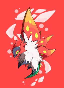 bug commentary_request full_body highres insect_wings near12 nintendo no_humans pokemon pokemon_(creature) red_background slither_wing white_fur wings yellow_eyes