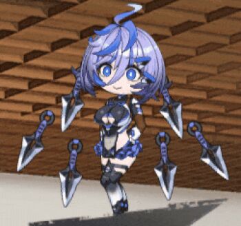 1girl android animated animated_gif blue_eyes breasts chibi cleavage_cutout clothing_cutout floating floating_object floating_weapon full_body impossible_clothes kunai large_breasts lilith-soft looking_at_viewer multicolored_hair non-web_source purple_hair revealing_clothes shiny_clothes shiny_skin short_hair taimanin_(series) taimanin_rpgx taimanin_suit tsukumo_mogami two-tone_hair weapon wide_hips