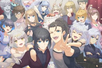 6+boys 6+girls a_(xenoblade) absurdres animal_ears anniversary black_hair blonde_hair brown_hair cake cat_ears dress eunie_(xenoblade) everyone fiery_hair food formal_clothes glimmer_(xenoblade) grey_hair head_wings highres lanz_(xenoblade) manana_(xenoblade) matthew_(xenoblade) melia_antiqua mio_(xenoblade) monolith_soft multiple_boys multiple_girls na&#039;el_(xenoblade) nia_(xenoblade) nikol_(xenoblade) noah_(xenoblade) open_mouth ponytail rex_(xenoblade) riku_(xenoblade) sena_(xenoblade) shulk_(xenoblade) smile suit taion_(xenoblade) v wings xeno_(series) xenoblade_chronicles_(series) xenoblade_chronicles_3 xenoblade_chronicles_3:_future_redeemed yanagimachi z_(xenoblade)