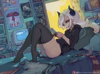 1girl absurdly_detailed_composition action_figure akira_(manga) bandage_on_face bandages bed bedroom black_hoodie black_thighhighs book castlevania:_symphony_of_the_night castlevania_(series) commission computer controller cutesexyrobutts demon_girl demon_horns demon_tail doorway game_boy_advance game_boy_advance_sp game_cartridge game_console game_controller grin handheld_game_console highres hood hoodie horns loaded_interior long_hair lying magazine_(object) monitor nintendo_64 nintendo_ds no_pants on_back original otaku_room pillow poster_(medium) poster_(object) scarf sharp_teeth smile tail tamagotchi tamagotchi_(virtual_pet) teeth television thighhighs thighs virtual_pet_(toy) white_hair