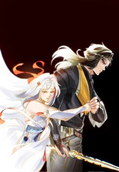 1boy 1girl 7aizagatha armlet bare_shoulders black_background breasts brother_and_sister brown_hair china_dress chinese_clothes closed_mouth clover clover_hair_ornament commentary cowboy_shot crying crying_with_eyes_open dress droopy_ears english_commentary from_side grey_pants hair_intakes hair_ornament hairband half-closed_eyes highres holding holding_hands holding_sword holding_weapon jewelry long_hair medium_breasts open_mouth pants qingming_sword red_eyes siblings silver_armlet sword tears transformation very_long_hair weapon white_dress white_hair white_hairband ye_shiyuan ye_shunguang zenless_zone_zero